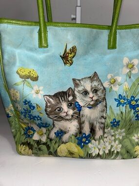 Vintage Cat Tote Bag in Blue and Green - Pets Cat Kittens